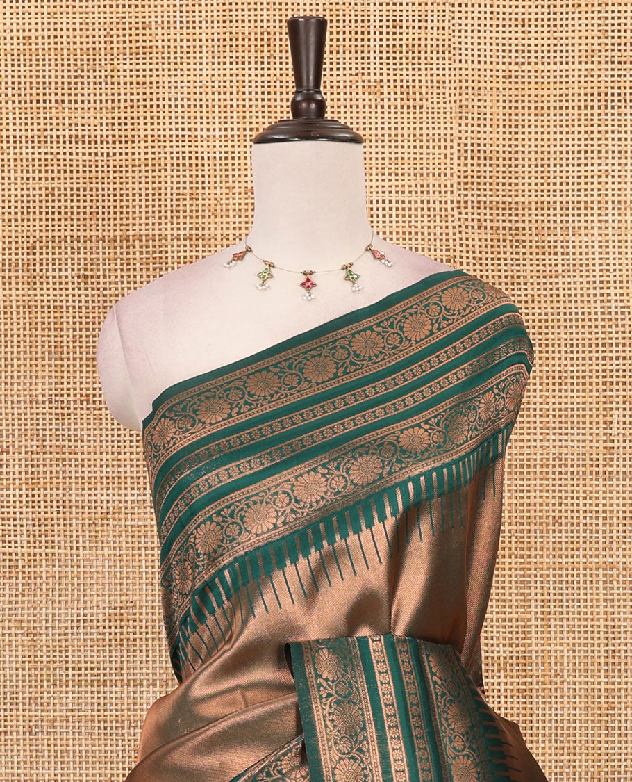 Bottle green kanchi tissue jacquard saree, traditional zari temple border, zari woven jaal pallu & contrast small buttas blouse