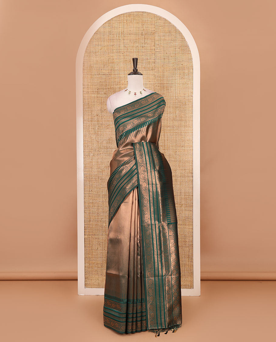 Bottle green kanchi tissue jacquard saree, traditional zari temple border, zari woven jaal pallu & contrast small buttas blouse