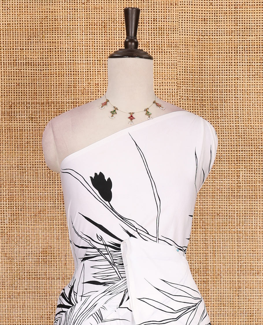 Borderless white and black feather like floral motifs printed satin crepe saree, floral vine printed blouse