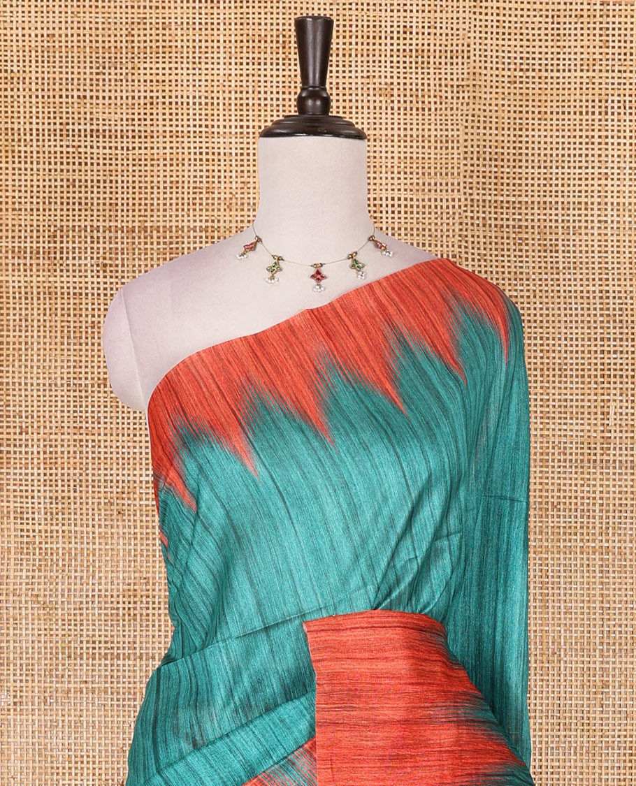 Peacock green full plain katan silk saree, contrast temple border, odisha style printed pallu, and contrast plain blouse