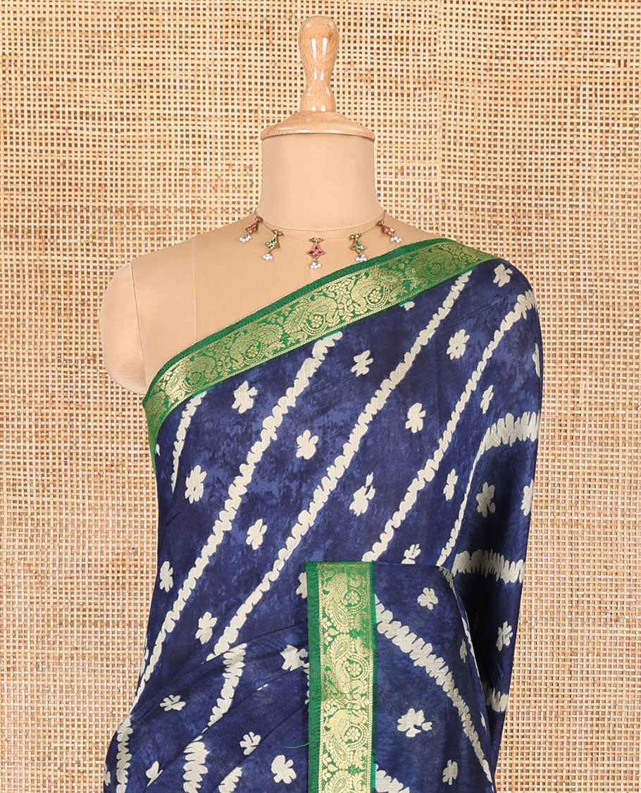 Blue batik style lehariya stripes printed muslin silk saree, contrast peacock zari woven border, Mughal inspired painting style motifs printed pallu and a contrast blouse