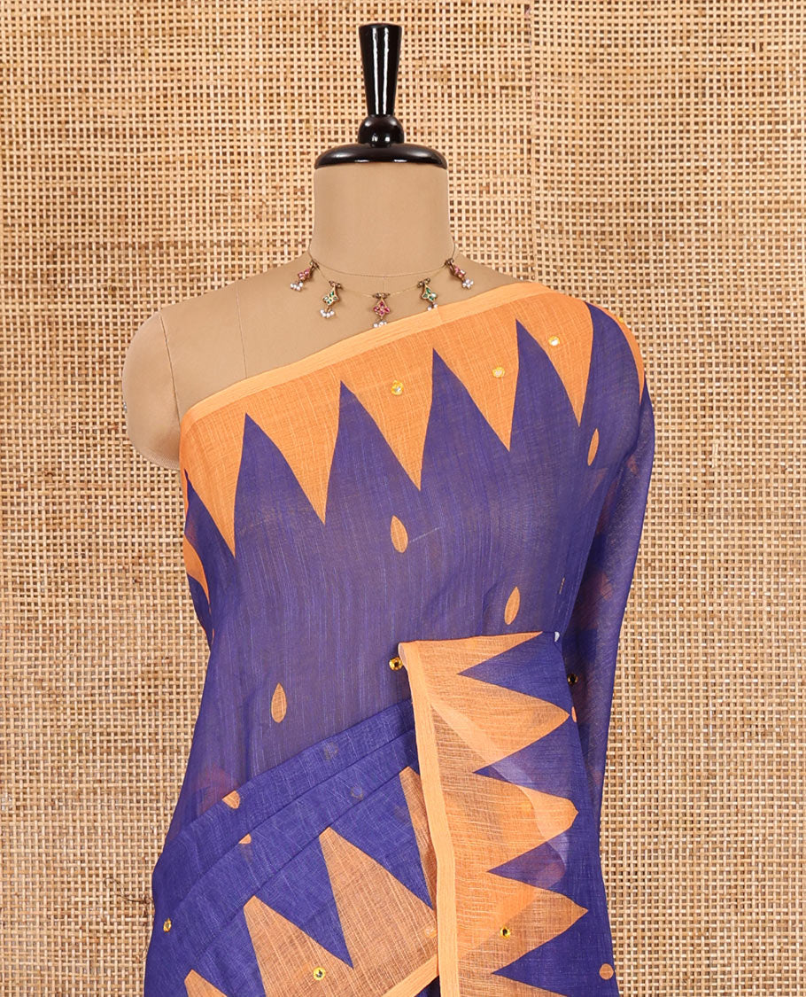 Blue thilakam buttas and mirror work khadi mul cotton saree, contrast temple border, striped and buttas pallu, and a contrast printed blouse