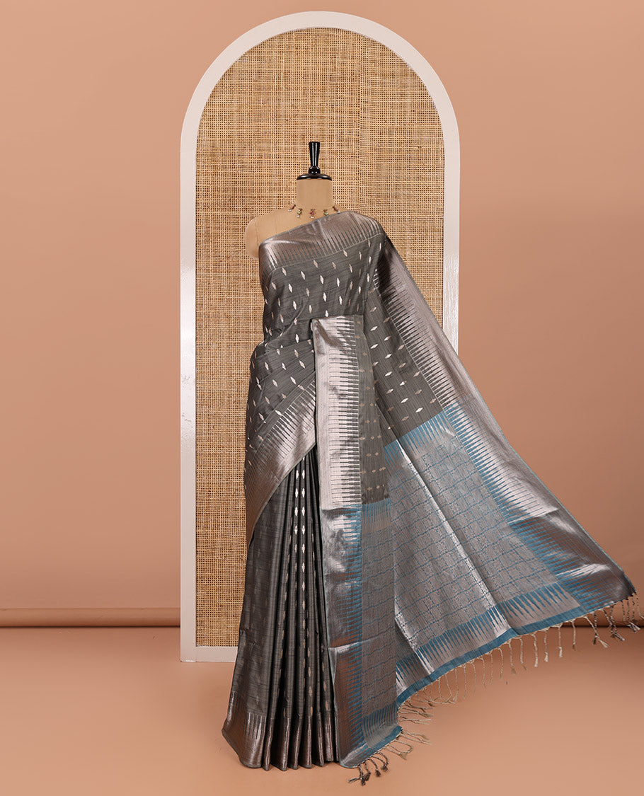Grey zari buttas woven Luxury soft silk saree, temple zari border, contrast pallu of intricate zari designs, and zari design blouse