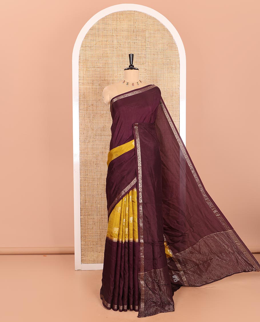 Purple Russian Silk Saree Featuring Double-Sided Plain and Central Zari Elephant Motifs Weave, Accentuated by a Subtle Traditional Zari Border, Enhanced with a Zari-Designed Pallu, and Paired with a Blouse Depicting Meenakari Peacocks