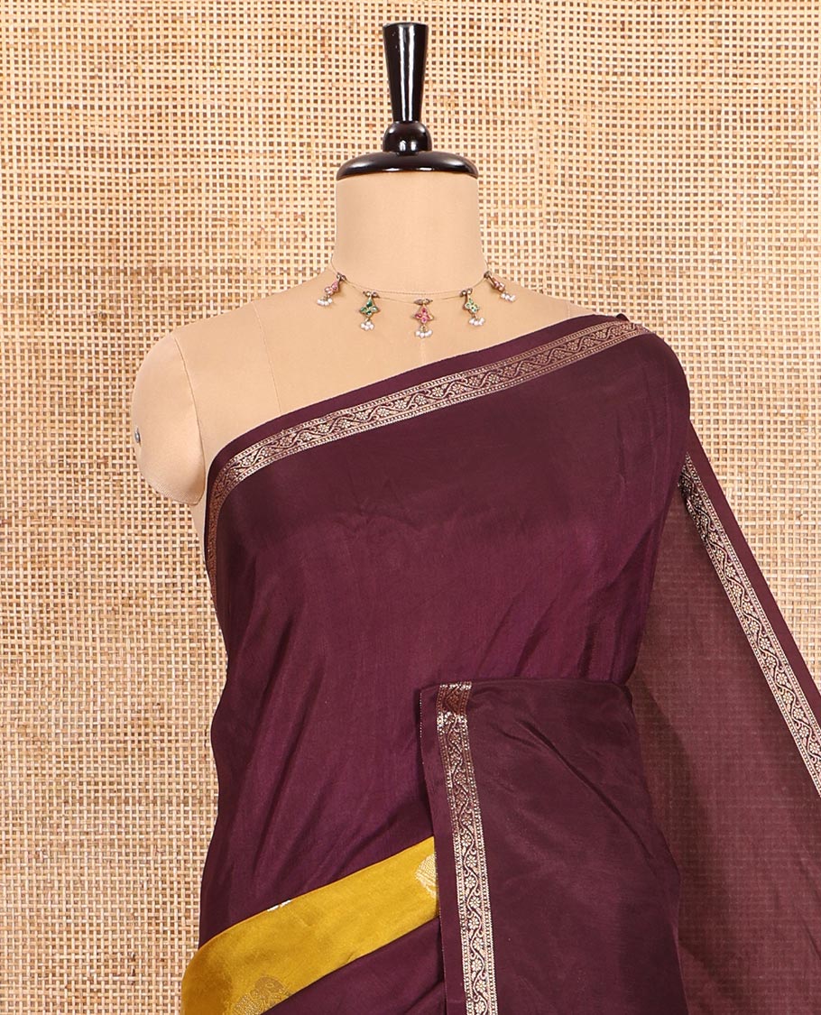 Purple Russian Silk Saree Featuring Double-Sided Plain and Central Zari Elephant Motifs Weave, Accentuated by a Subtle Traditional Zari Border, Enhanced with a Zari-Designed Pallu, and Paired with a Blouse Depicting Meenakari Peacocks