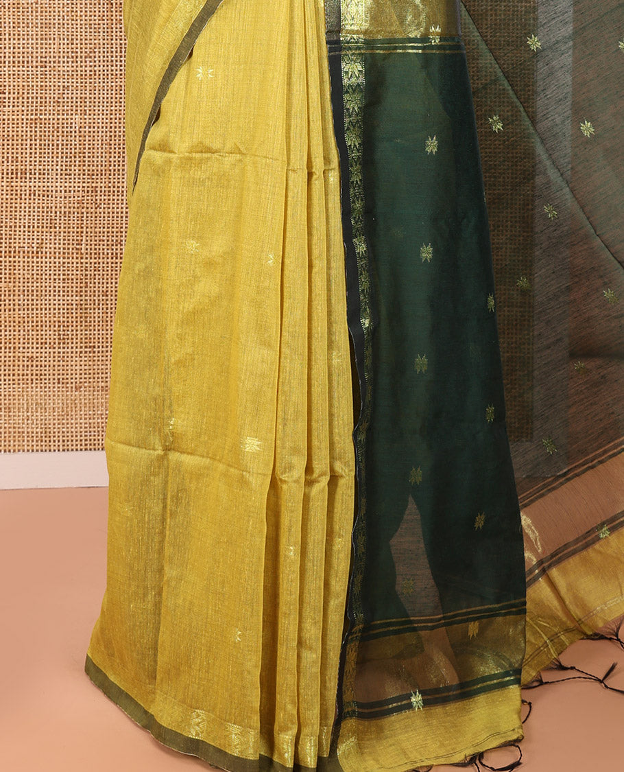 Lemon Yellow Kota Cotton Saree Prettified with Star-Style Zari Motifs All Over Its Body, Complemented by a Self-Border of Star Motifs, a Captivating Contrast Pallu of the Same Star Motifs, and a Contrast Blouse