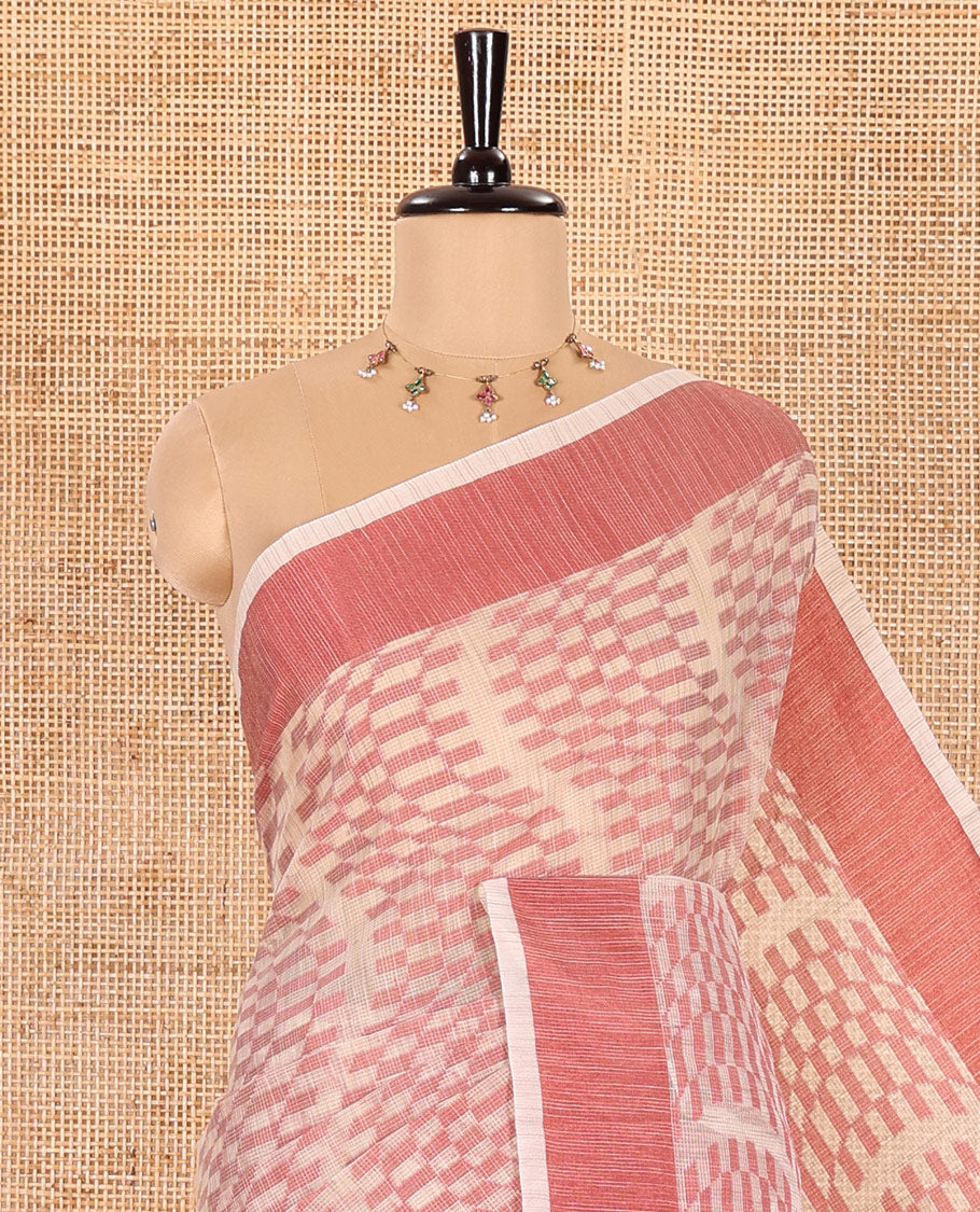 Chikku and Pink Kota Cotton Saree Subtly Woven with Zig-Zag Checks in Thread, Subtly Sparkled Contrast Bavanji Border, Plain Pallu, and Paired with a Matching Blouse