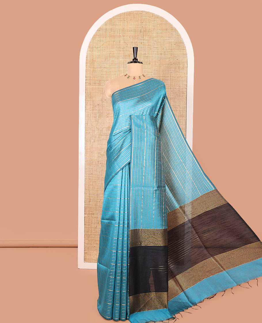 Borderless Blue Semi-Raw Silk Saree Highlighted with Gold-Zari Horizontal Stripes All Over Its Body, Complemented by a Contrast Pallu of Stripes, and Paired with a Contrast Blouse