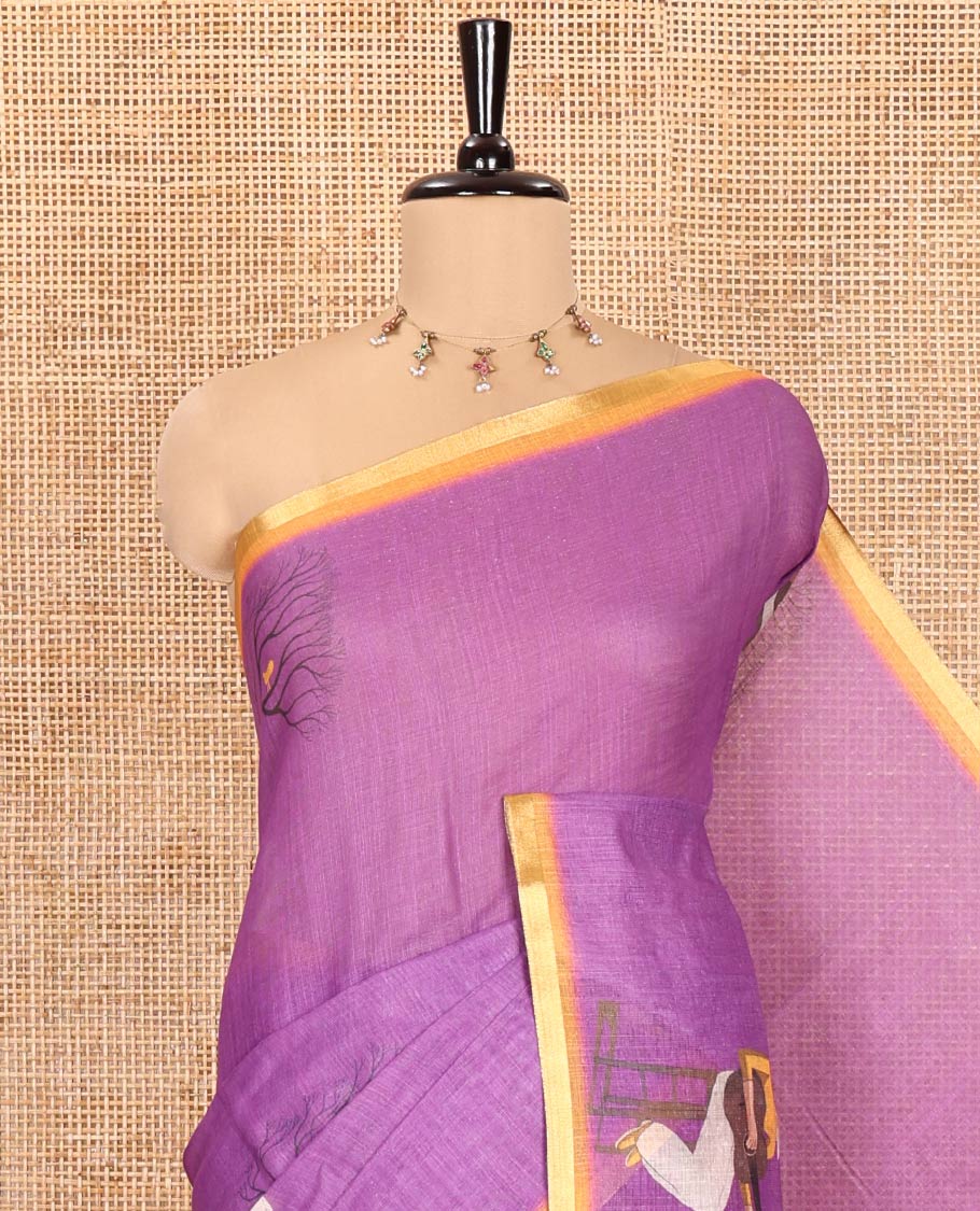 Purple Linen Cotton Saree, Depicting Men with a Guitar Motif Printed All Over Its Body, Complemented by Contrast Piping Border, Pallu Pictures a Men with a Guitar Motif, and Paired with a Contrast Blouse