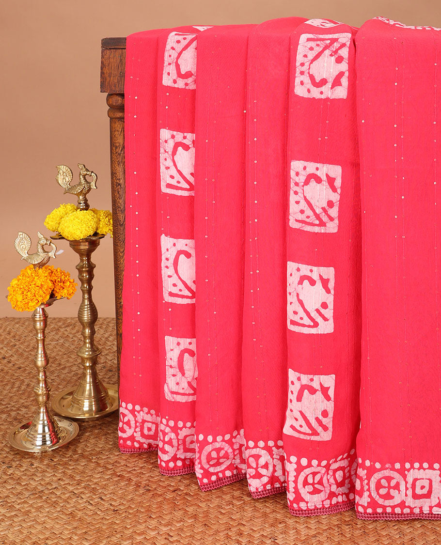 Pink pathick printed sequins work masraise cotton saree with lace printed border & pathiick print rich pallu along with running blouse