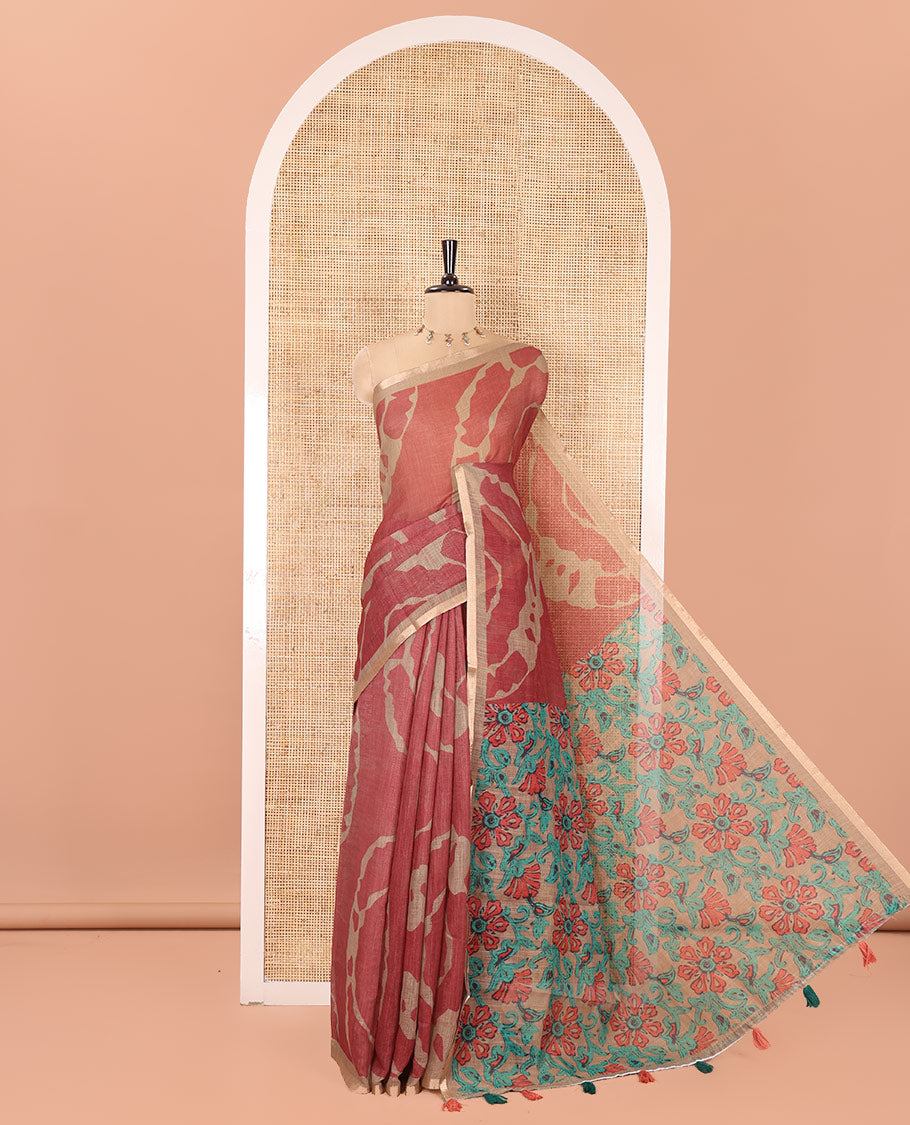 Chikku Linen Cotton Saree, Adorned with Shibori Prints on Its Body, Subtle Contrast Piping Border, Pallu of Floral Print, and Paired with a Matching Blouse
