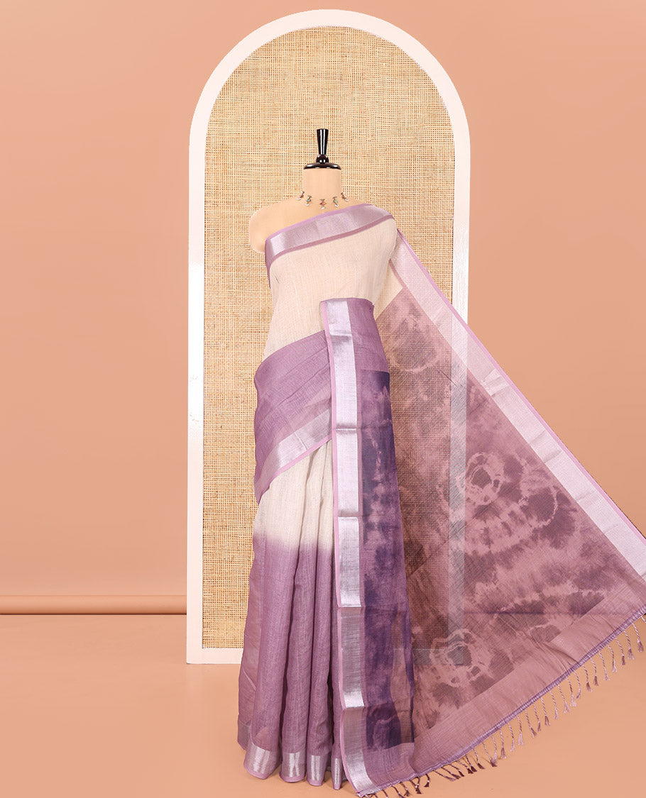 Chikku-Light Lavender Linen Cotton Saree, Adorned With Ombre-style Dye Print, a Subtle Zari Border, Bold Shibori-Printed Pallu, and a Printed Blouse