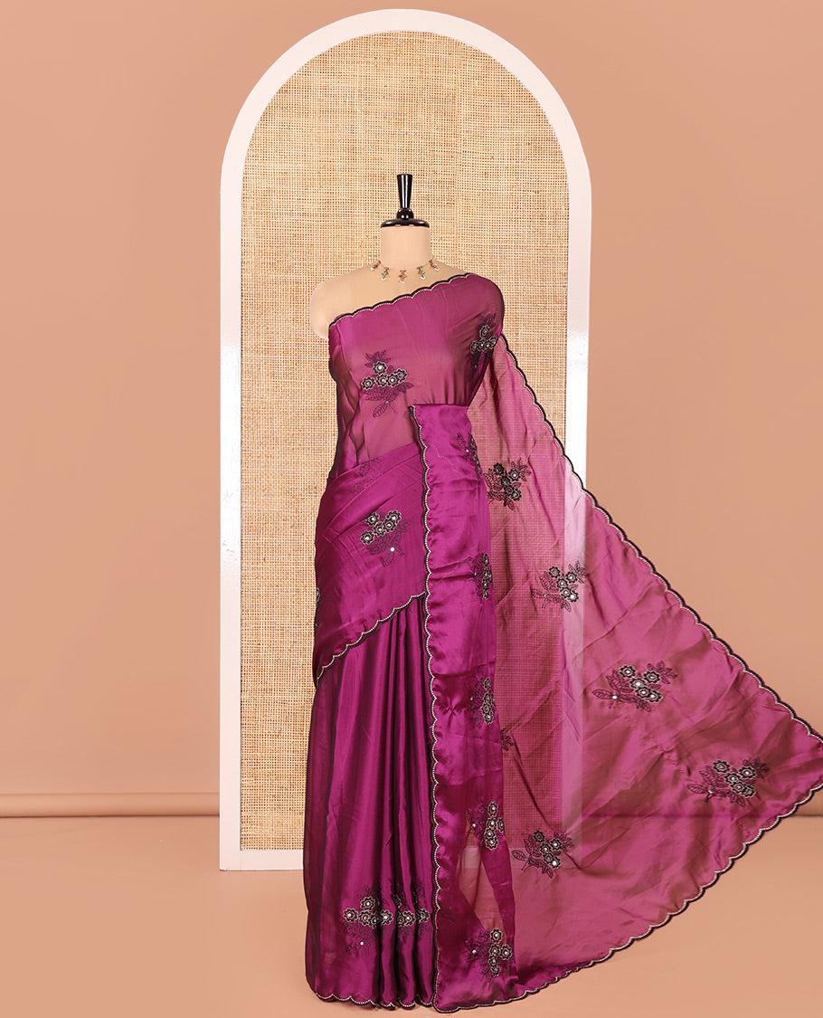 Purple Rangoli Chiffon Saree, Enriched with Flower-Style Motifs Embroidered on Its Body, a Subtle Scallop Embroidered Border, a Self-Pallu, and Paired with a Contrast Embroidered Blouse