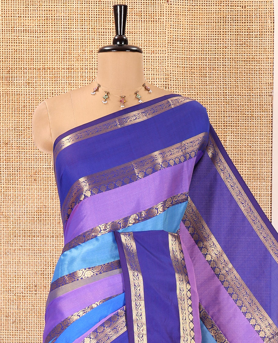 Multi-Color Semi-Soft Silk Saree, Elegantly Woven with Colorful Stripes and Floral Creeper Design on Its Body, Complemented by Contrast Rettai Pettu Traditional Zari Designs Woven Border, Grand Pallu, and Paired with a Contrast Blouse