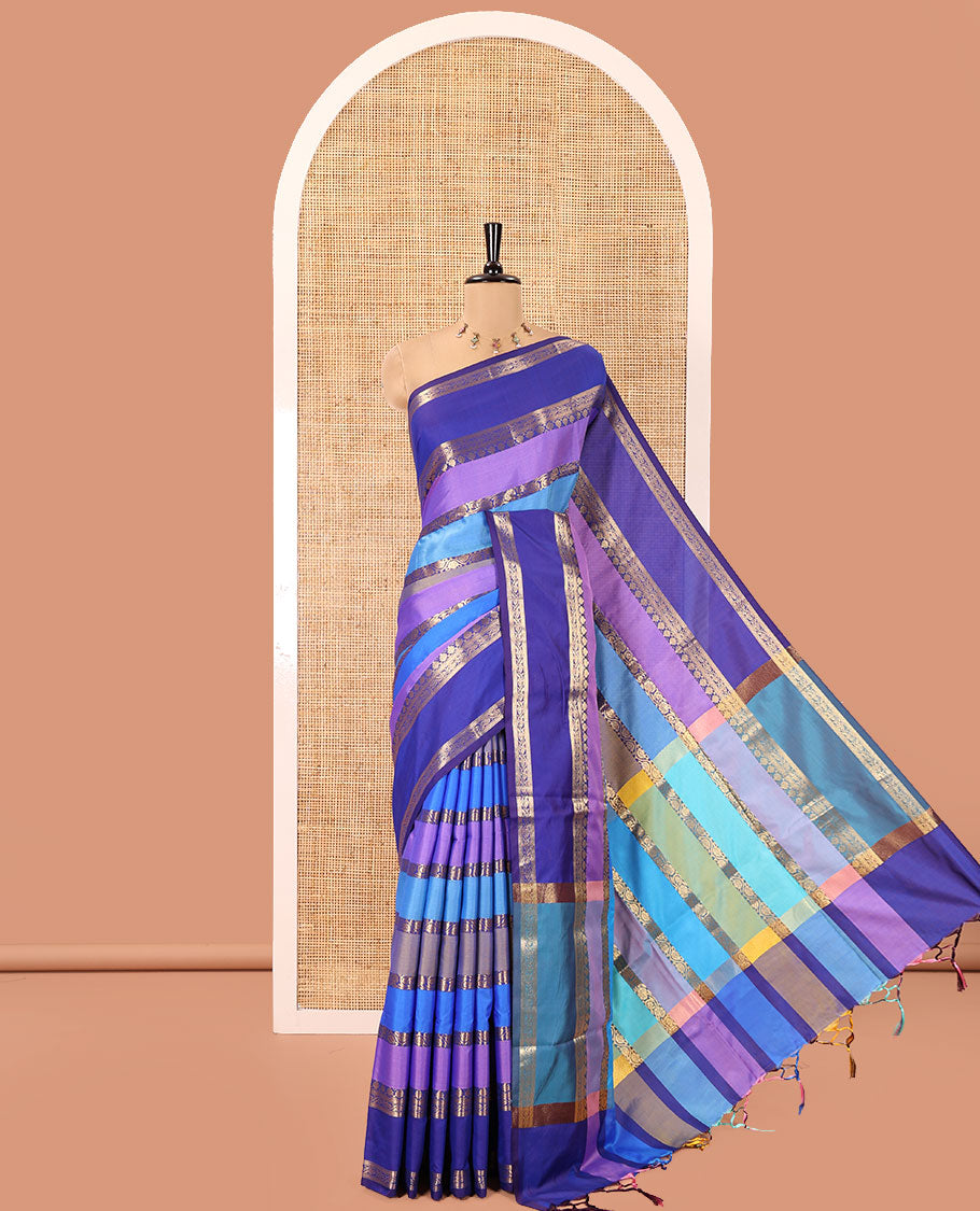 Multi-Color Semi-Soft Silk Saree, Elegantly Woven with Colorful Stripes and Floral Creeper Design on Its Body, Complemented by Contrast Rettai Pettu Traditional Zari Designs Woven Border, Grand Pallu, and Paired with a Contrast Blouse
