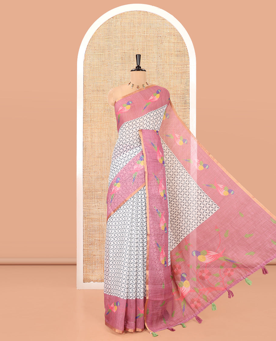 Off-White Onion Pink Linen Cotton Saree, Decorated with Geometric Print on Its Body, Complemented by a Contrast Border of Macaw Parrot Print, Pallu of Floral and Macaw Parrot Print, and Paired with a Contrast Blouse