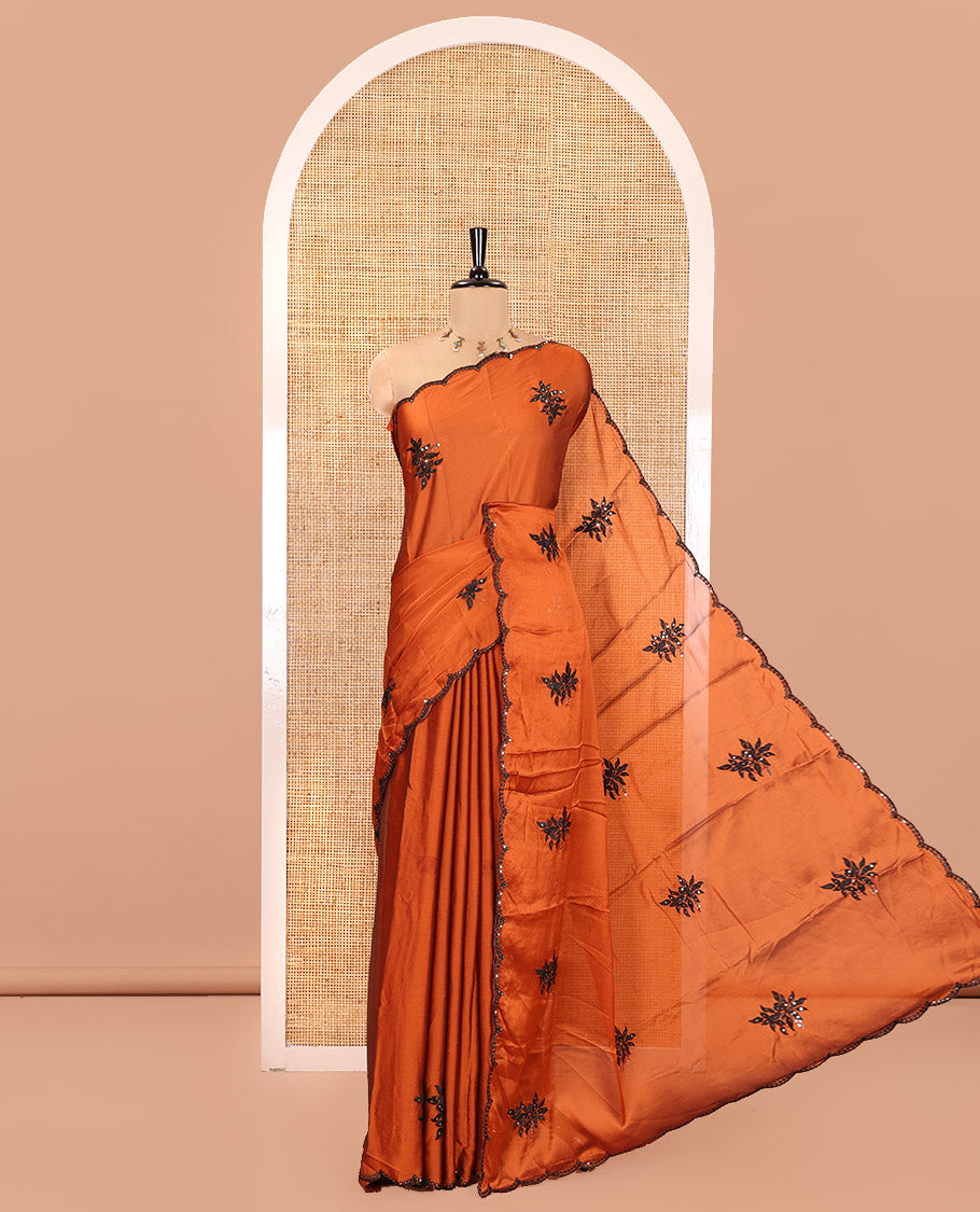 Rust Orange Rangoli Chiffon Saree, Finely Crafted with Floral Embroidery Motifs on Its Body, Scallop Embroidered Border, Embroidered Pallu, and Paired with a Contrast Blouse