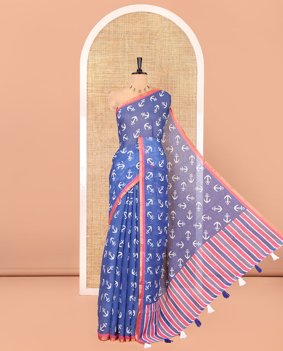 Royal Blue Linen Cotton Saree, Adorned with Anchor Motifs Printed on Its Body, a Subtle Contrast Piping Border, Multi-Color Striped Pallu, and Paired with a Contrast Blouse