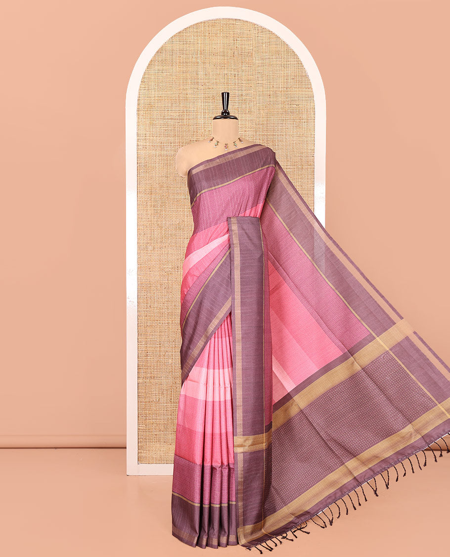 Pink Katan Silk Saree, Adorned with 3d-Style Print and Dotted-Style on Its Body, Complemented by Contrast Border, Pallu Steeped with Buttas, and Paired with a Contrast Blouse