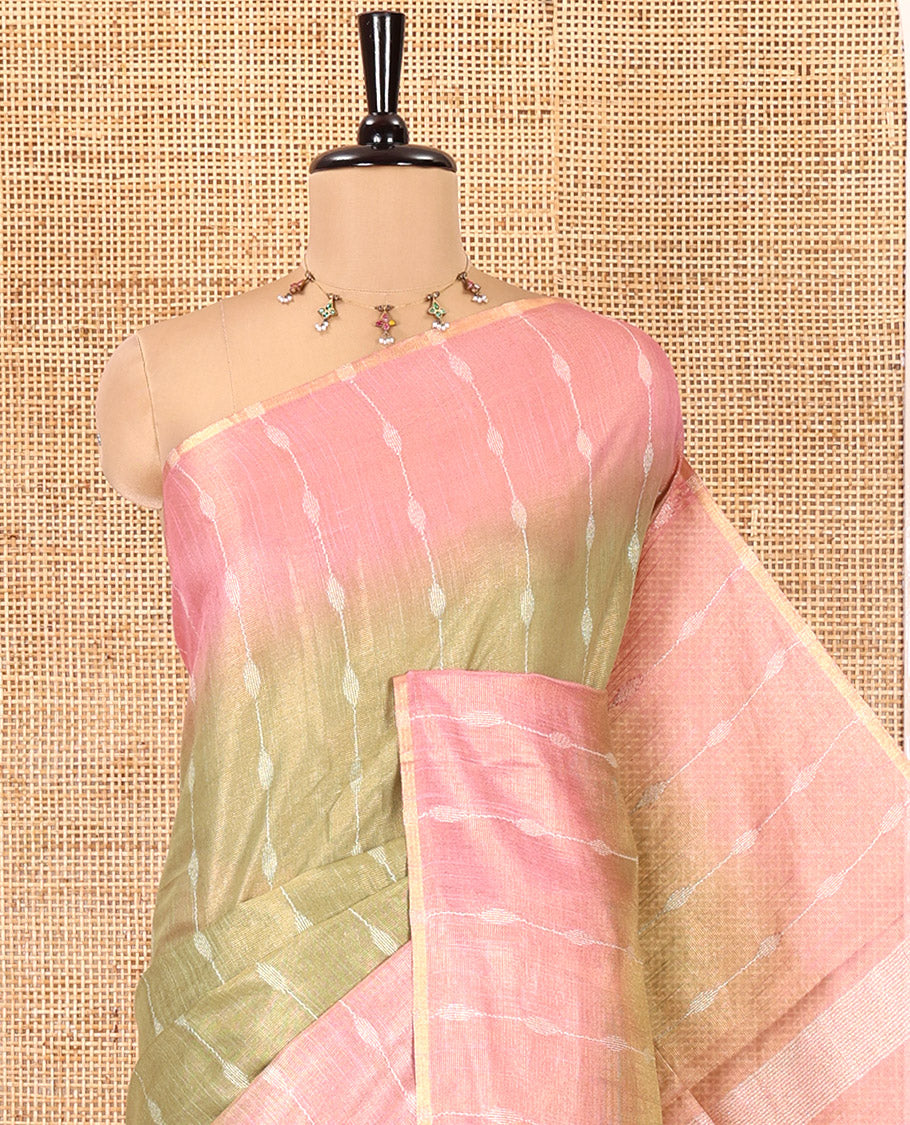 Parrot Green Bhagalpur Cotton Saree, Accentuated with Dotted-Thread Stripes, Contrast Thread Striped Border, Pallu of Thread Stripes, and a Contrast Blouse