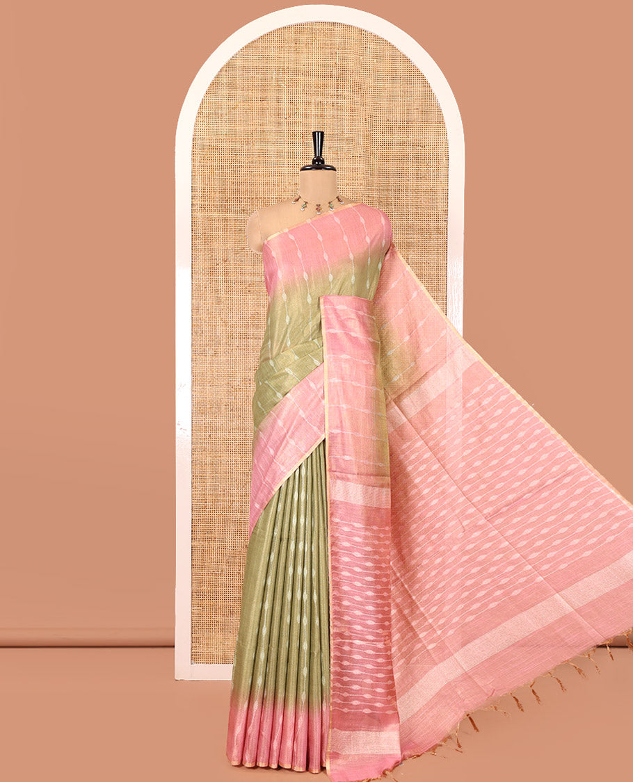 Parrot Green Bhagalpur Cotton Saree, Accentuated with Dotted-Thread Stripes, Contrast Thread Striped Border, Pallu of Thread Stripes, and a Contrast Blouse
