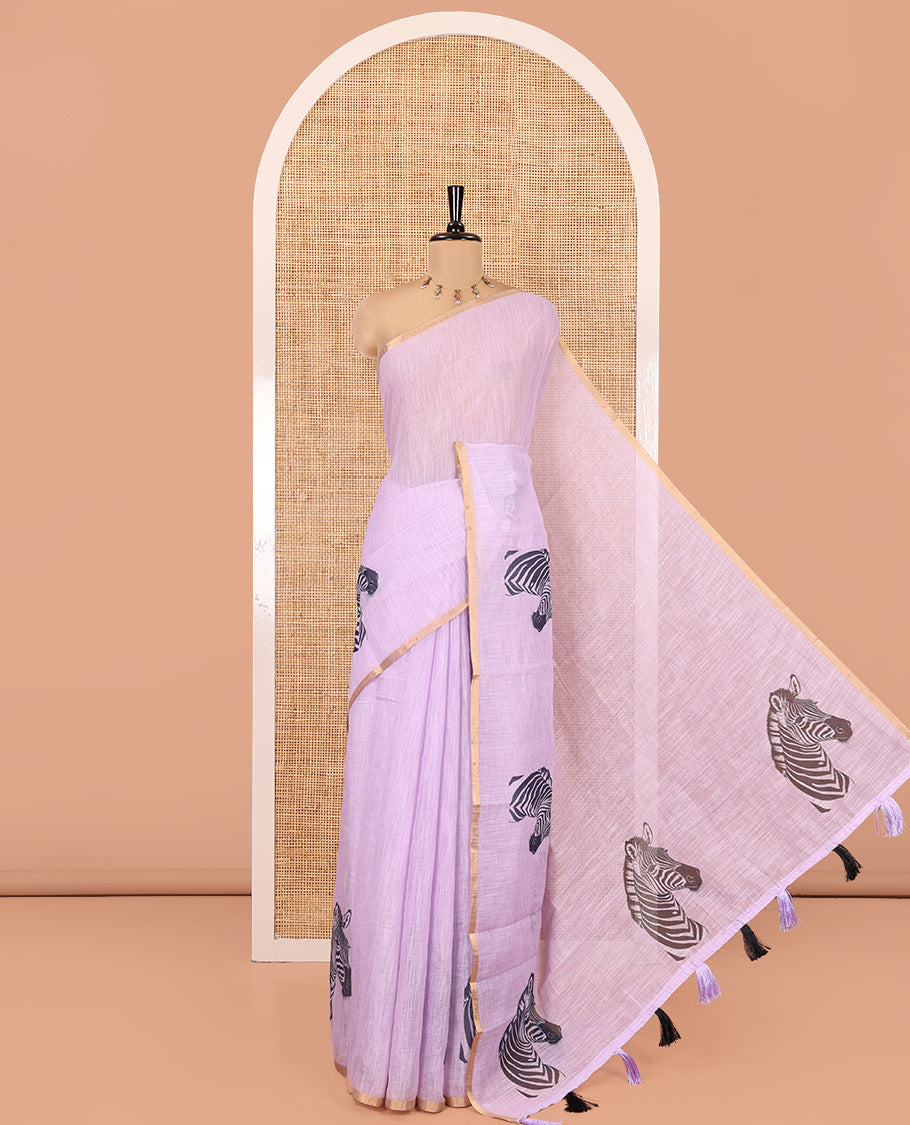 Lavender Linen Cotton Saree, Accentuated with Zebra Motifs Print, A Subtle Piping Border, Zebra Printed Pallu, and Comes with a Contrast Blouse