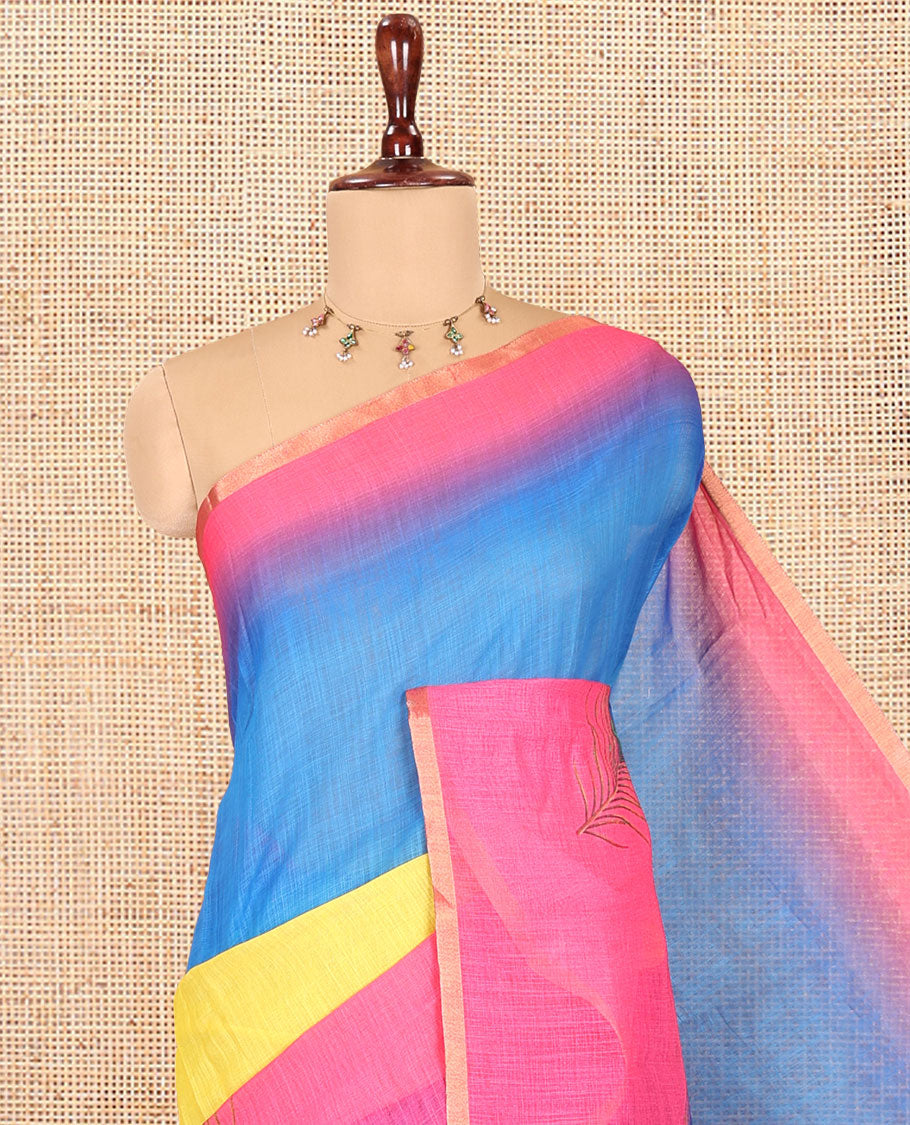 Borderless Multi-Color Linen-Cotton Saree Features Peacock Feather Print and a Contrast Blouse