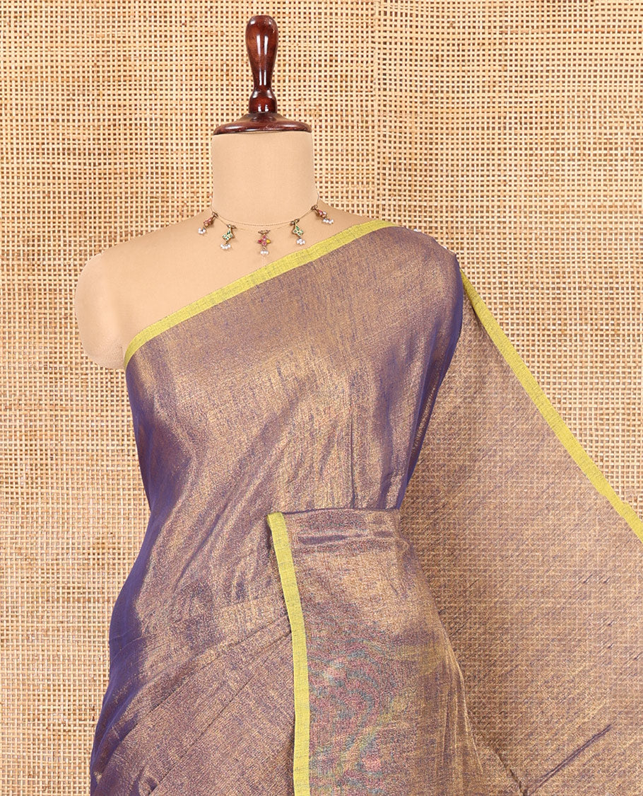 Borderless Navy Blue Plain Khadi Tissue Saree, a Self-Striped Pallu, and a Matching Blouse