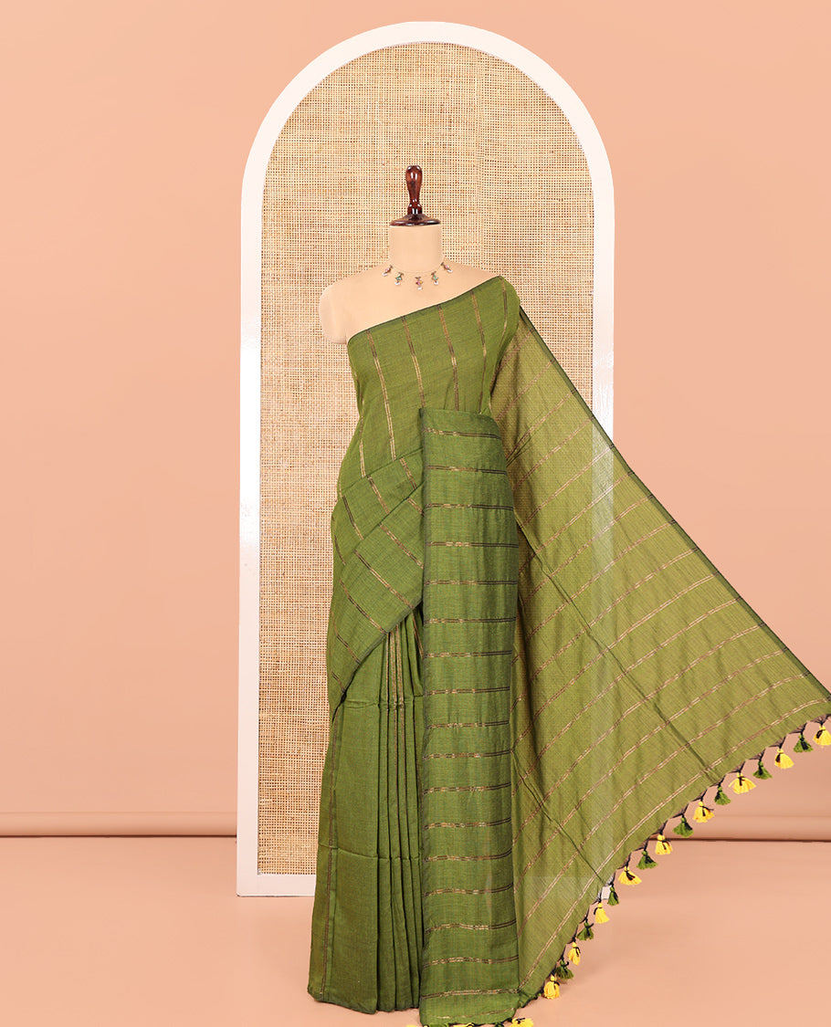 Borderless Olive Green Khadi Cotton Saree Features Double Stripes, a Self-Pallu of Tassels, and a Matching Blouse