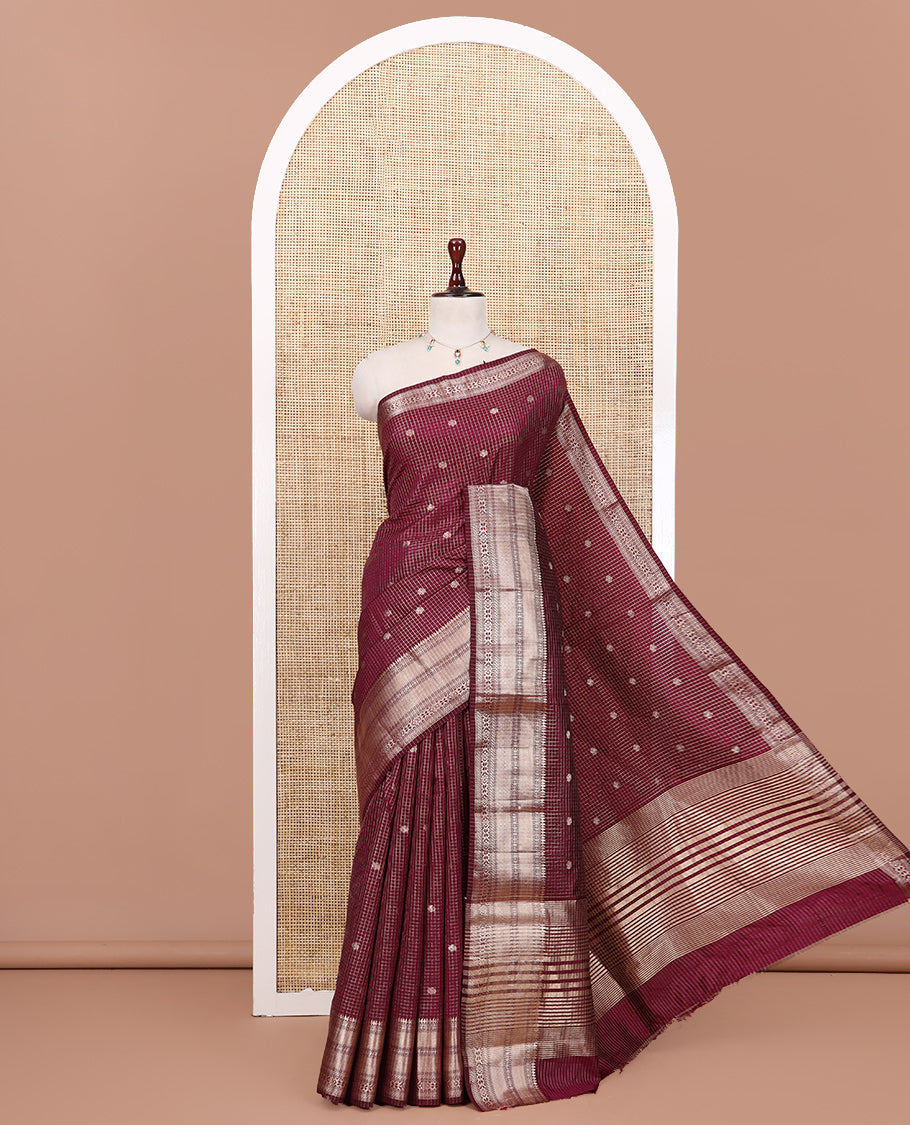 Purple Semi-Tussar Saree, Enriched with Zari Buttas and Checks, a Traditional Zari Border, and a Matching Blouse