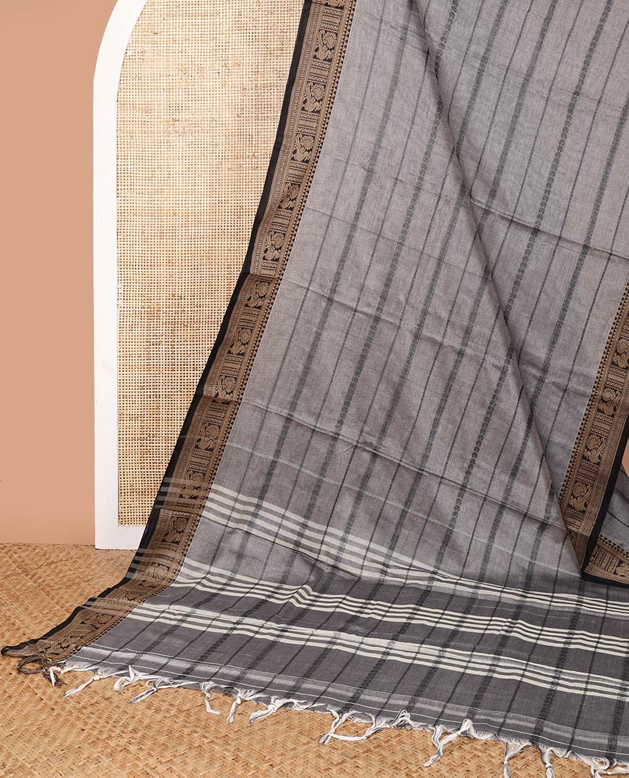 Silver grey annam, rudraksh zari design narayanapet cotton saree with annam thread border & cheer pallu along with running blouse