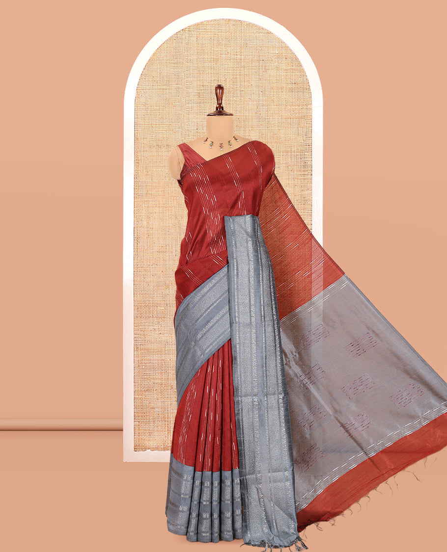 Maroon Semi-Raw Silk Saree, Subtly Woven with Thread Stripes, a Contrast Traditional Zari Border, Contrast Pallu, and a Contrast Blouse