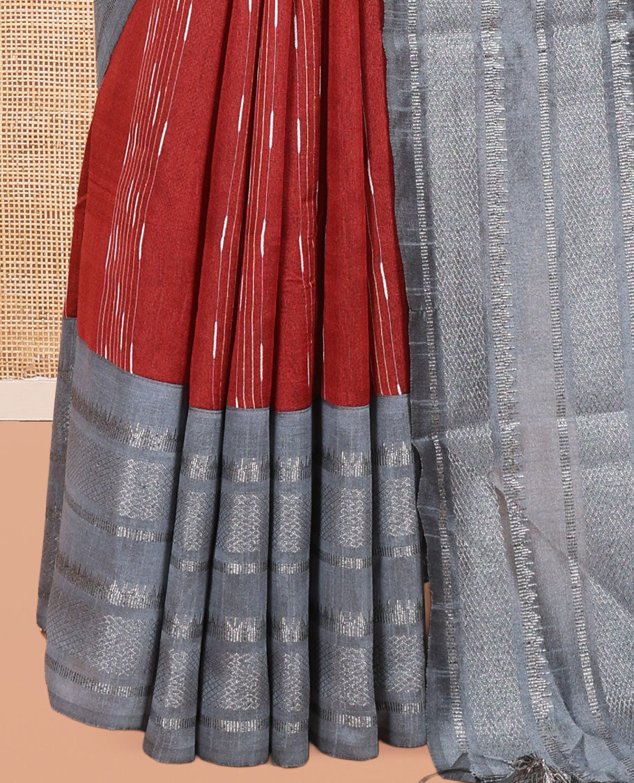 Maroon Semi-Raw Silk Saree, Subtly Woven with Thread Stripes, a Contrast Traditional Zari Border, Contrast Pallu, and a Contrast Blouse