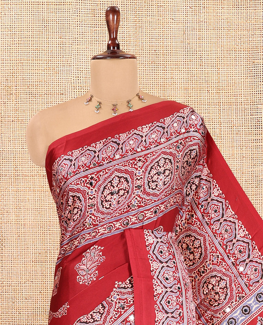 Maroon Satin Crepe Saree, Adorned with Ajrakh and Elephant Print, Intricately Printed Border, a Matching Blouse