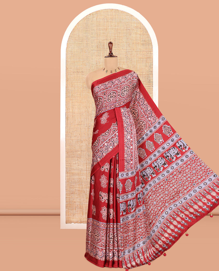 Maroon Satin Crepe Saree, Adorned with Ajrakh and Elephant Print, Intricately Printed Border, a Matching Blouse