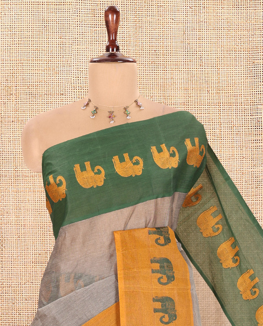 Grey-Mustard Plain Bengal Cotton Saree