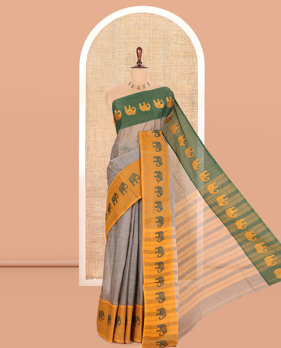 Grey-Mustard Plain Bengal Cotton Saree