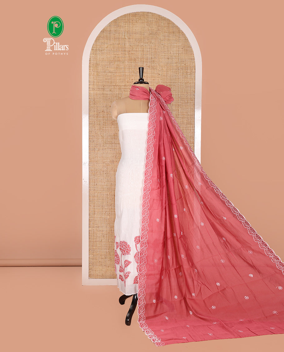Cream and Red Mul Chanderi Material Chudidar Set, Artfully Detailed with Floral Embroidery On Its Top, A Plain Santoon Bottom, and Comes with a Contrast Scallop Floral Embroidered Dupatta