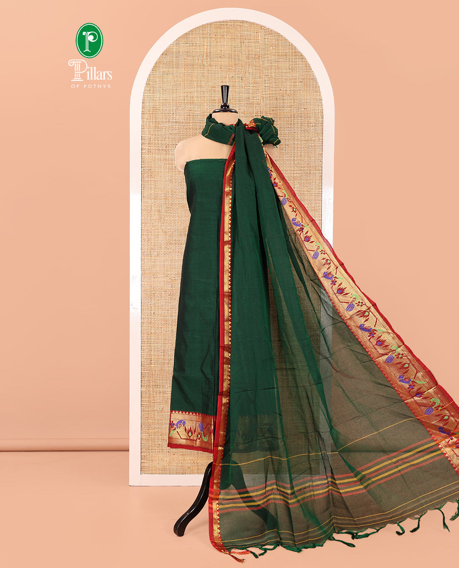 Green Mercerised Cotton Material Chudidar Set, Adorned with Paithani Bordered Top, a Mercerised Cotton Bottom, and Paired with a Matching Mercerised Cotton Paithani Bordered Dupatta
