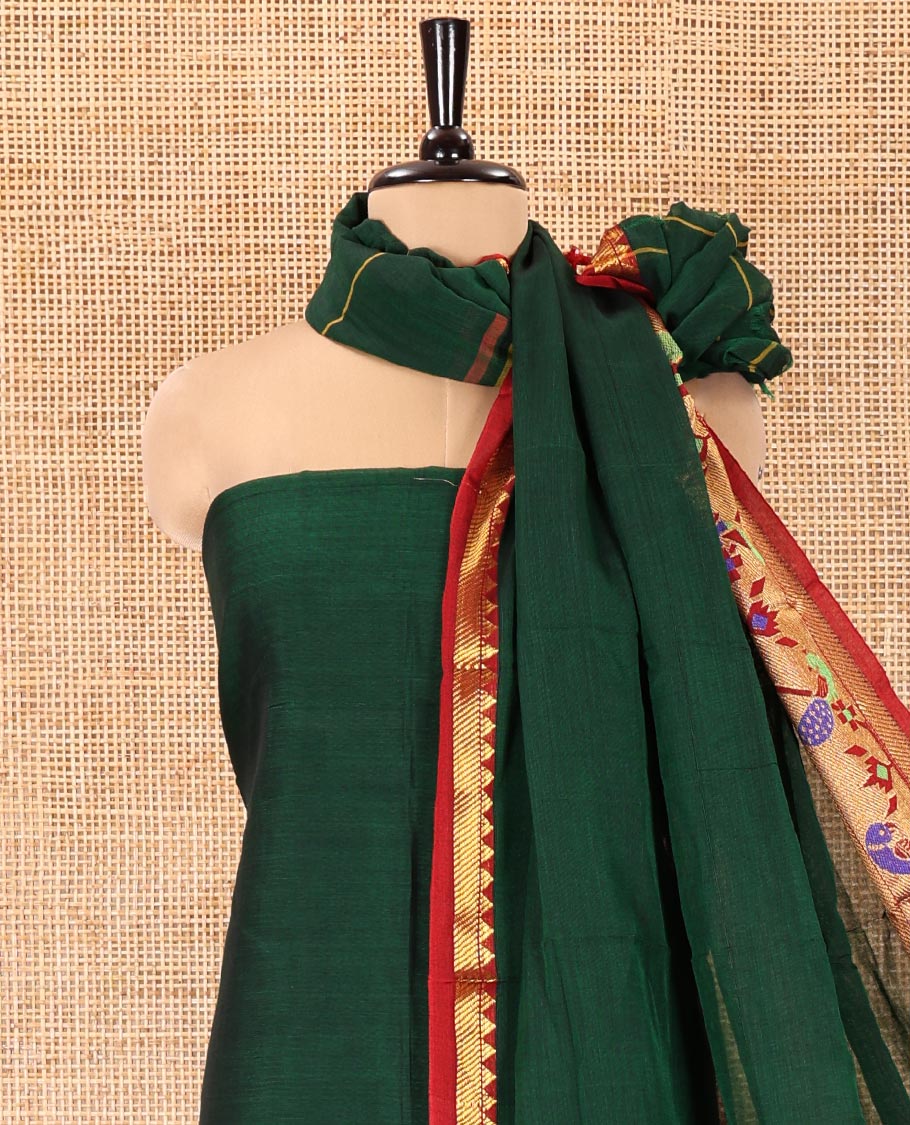 Green Mercerised Cotton Material Chudidar Set, Adorned with Paithani Bordered Top, a Mercerised Cotton Bottom, and Paired with a Matching Mercerised Cotton Paithani Bordered Dupatta