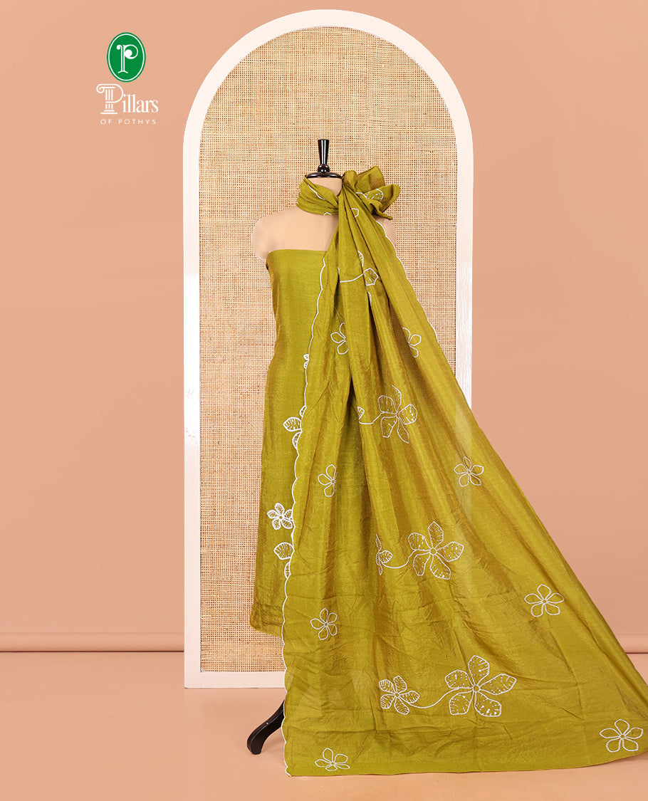 Mehendi Green Material Chudidar Set, Delicately Woven with Floral Thread Embroidered Mul Chanderi Top, a Mul Chanderi Bottom, Paired with Floral Thread-Embroidered Mul Chanderi Dupatta