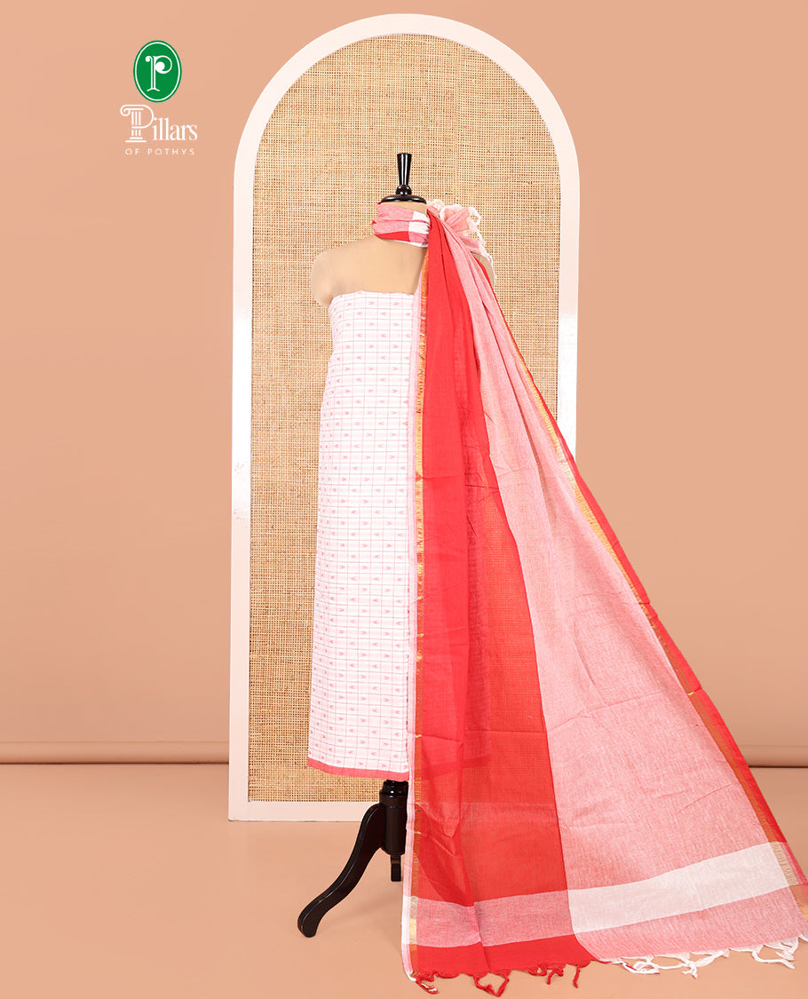 White Red Handloom Cotton Material Chudidar Set Featuring Butta Enclosed Checked Top, Heathered Bottom, and Dual-Color Dupatta