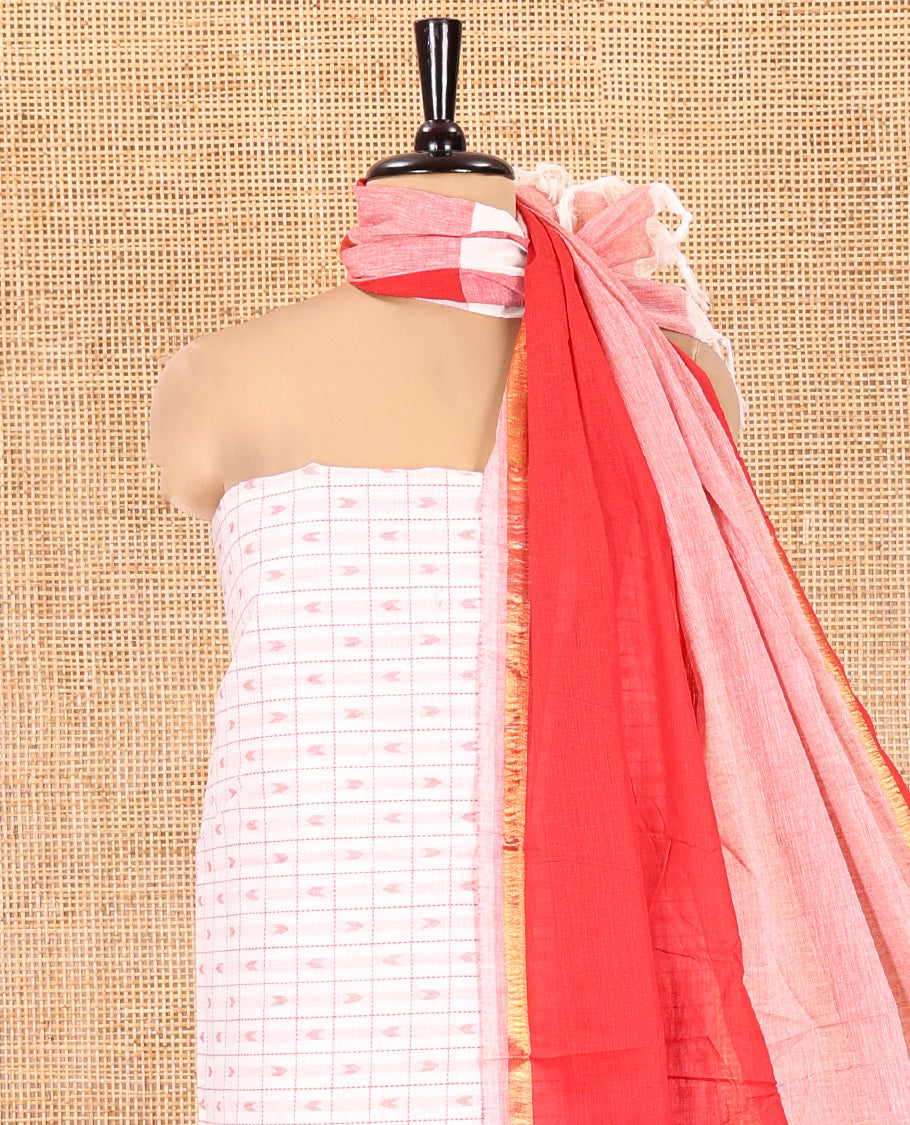 White Red Handloom Cotton Material Chudidar Set Featuring Butta Enclosed Checked Top, Heathered Bottom, and Dual-Color Dupatta