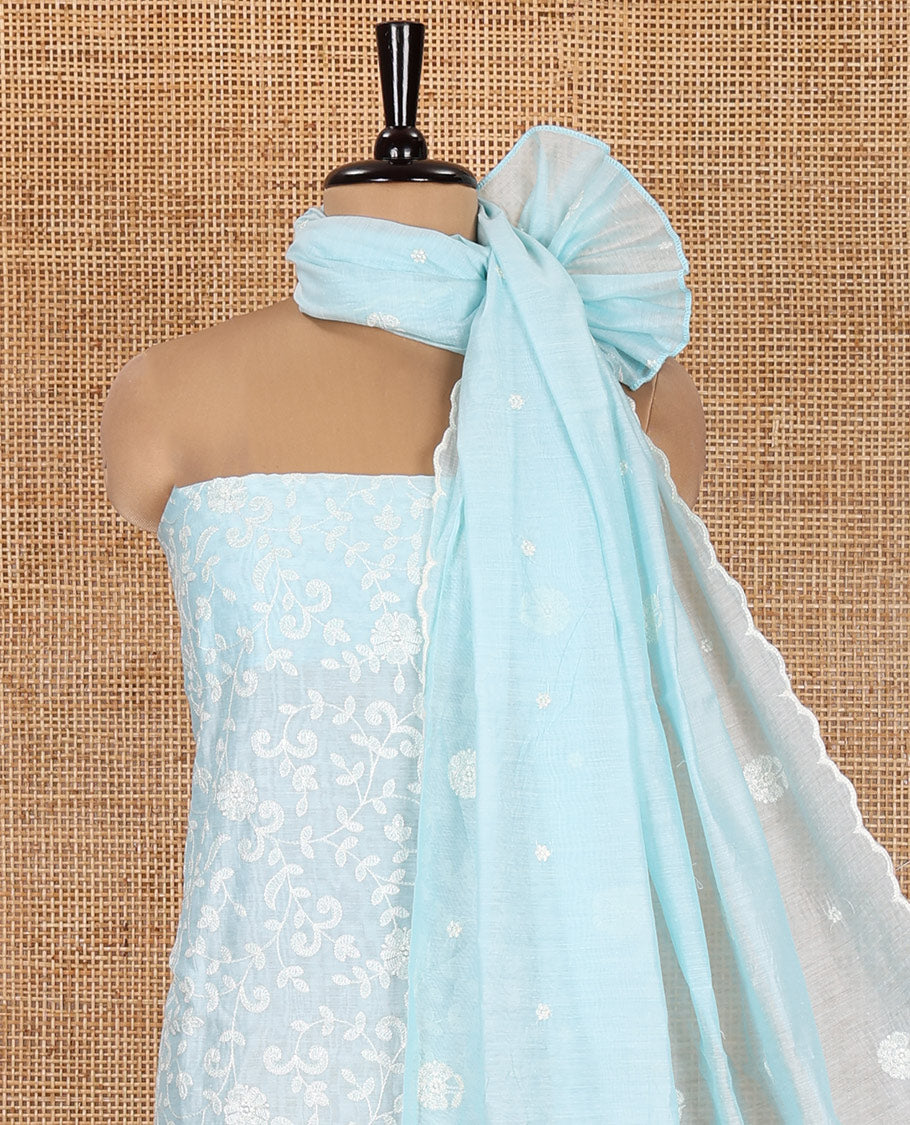 Sea Blue Mul Chanderi Material Chudidar, Lucknowi-Style Embroidery Top, a Santoon Bottom, Scallop Embroidered Dupatta