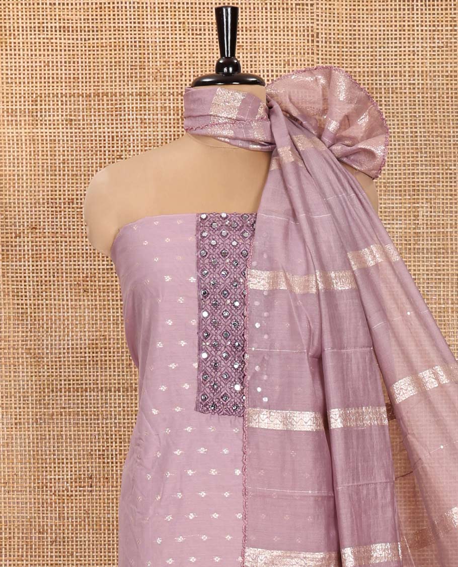 Lavender Material Churidar Set, Elevated with Zari Buttas and Crosia Lace with Mirror Work Chanderi Top, Comes with a Plain Bottom, Zari Woven Chanderi Dupatta