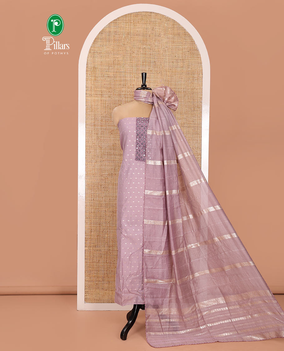 Lavender Material Churidar Set, Elevated with Zari Buttas and Crosia Lace with Mirror Work Chanderi Top, Comes with a Plain Bottom, Zari Woven Chanderi Dupatta
