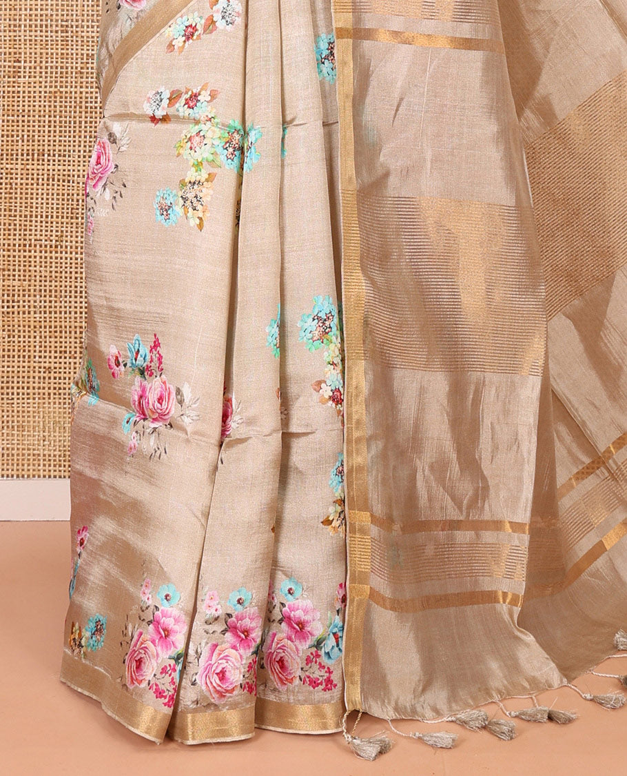 Biscuit colorful rose floral motifs digital printed banana pith saree, piping border, striped pallu, and floral printed blouse
