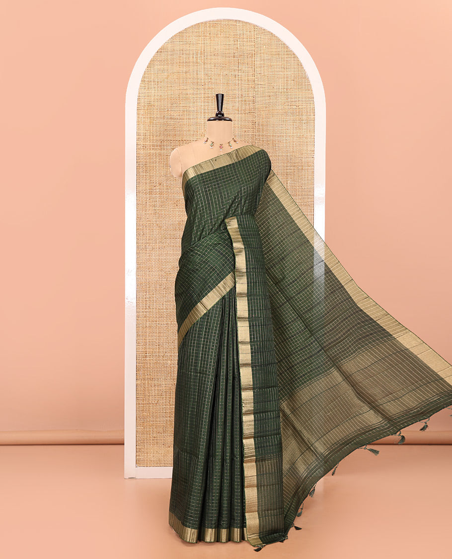 Green zari checked design fancy tussar silk saree, bavanji border, zari design pallu, and a matching blouse