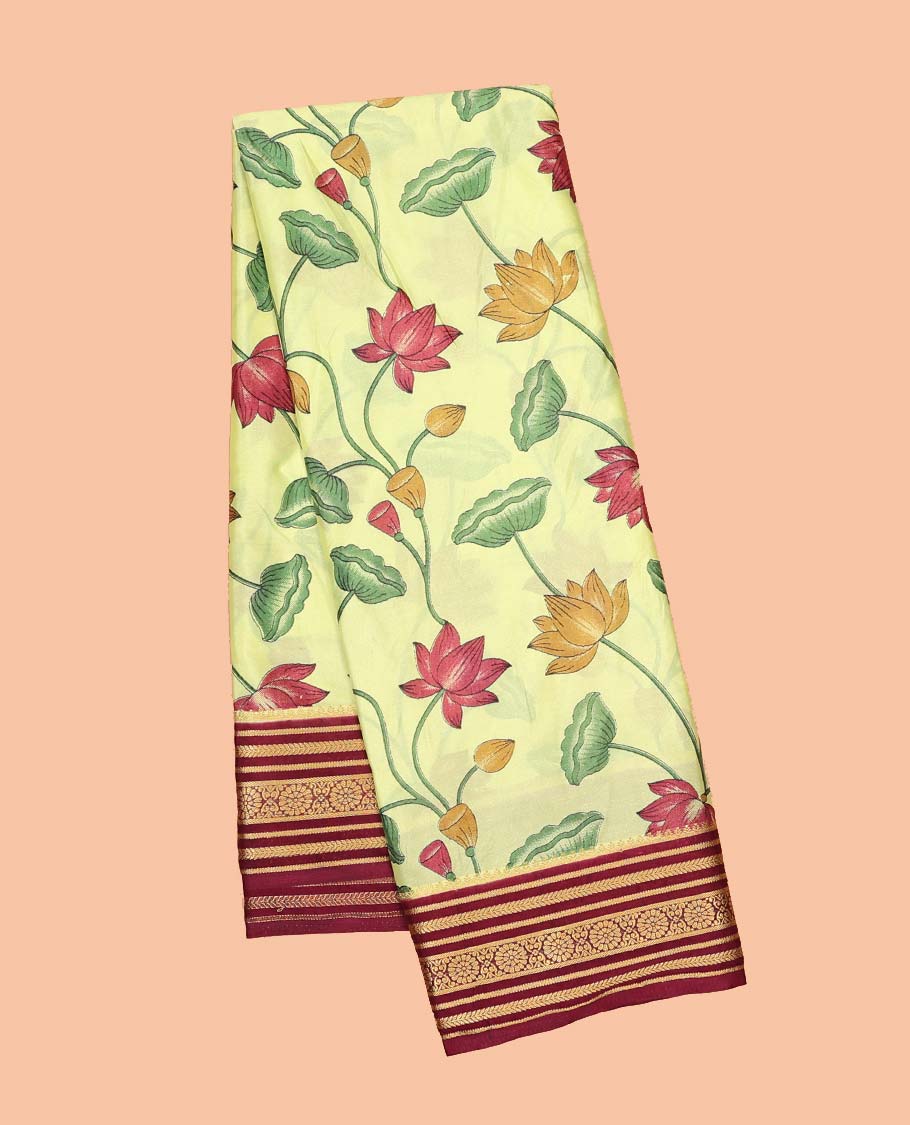 Green pichwai-style floral vine printed semi-banaras printed saree, contrast traditional design border & striped pallu