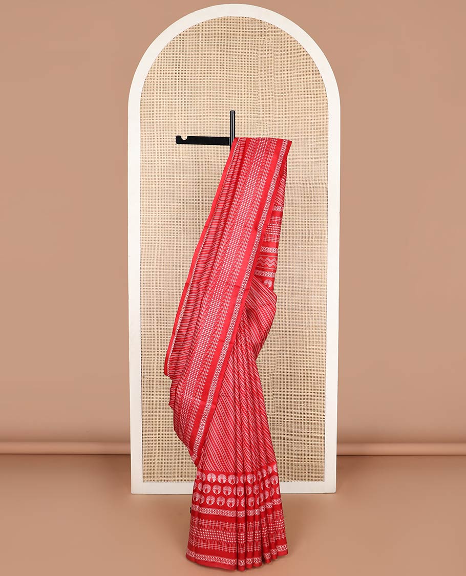 Red geometric design printed silk saree with self intricate design border